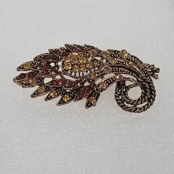 Vintage Yellow Brown Crystal Rhinestone Floral Big Brooch Pin Pendant Gold Tone‎ - Picture 5 of 13